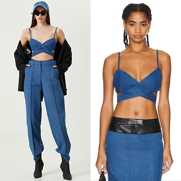 NWT AYA MUSE Cotton Denim Sleeveless V-Neck Crossover Front Bralette Crop Top L - Picture 1 of 12
